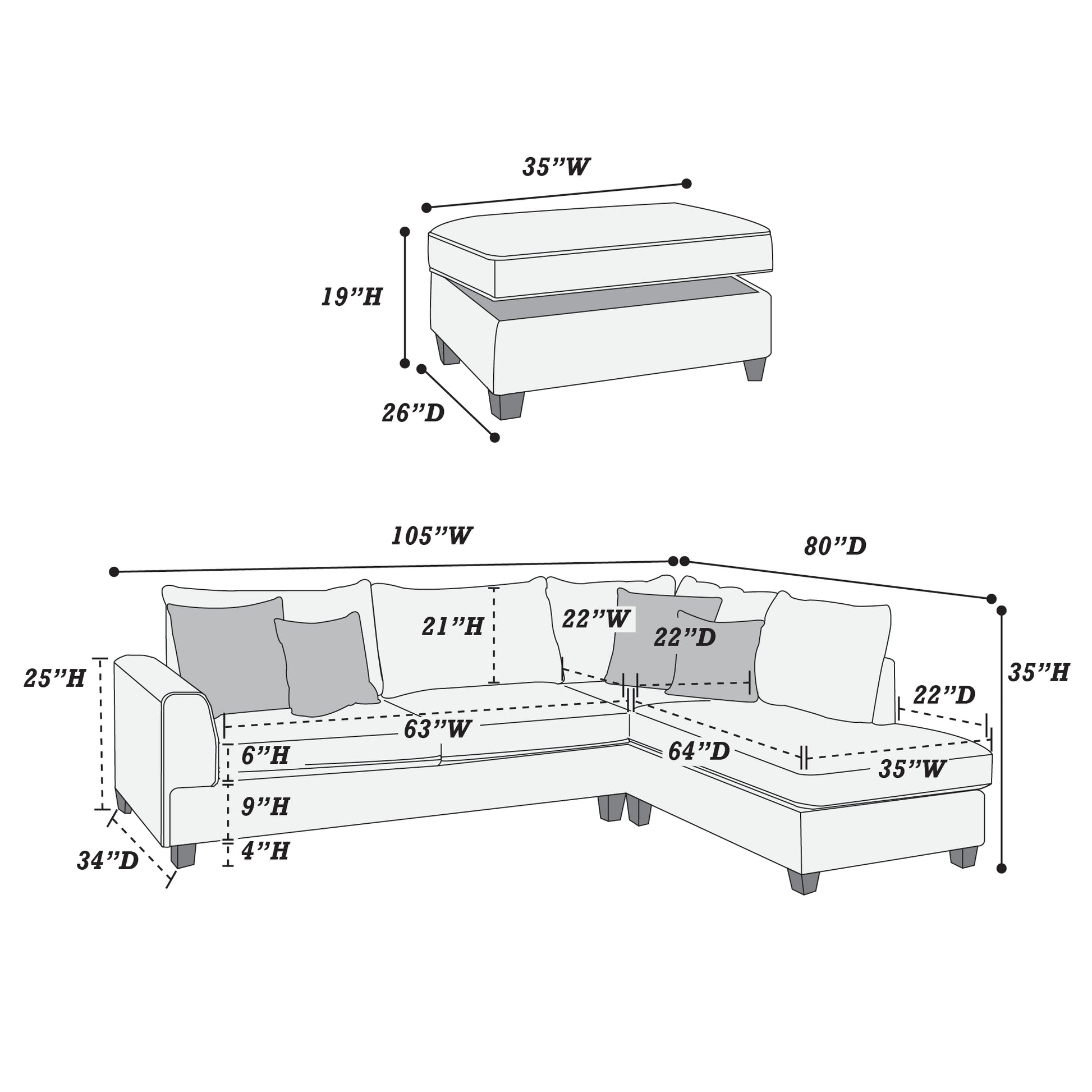 Diagram of sectional sofa dimensions W x D with ottoman W x D