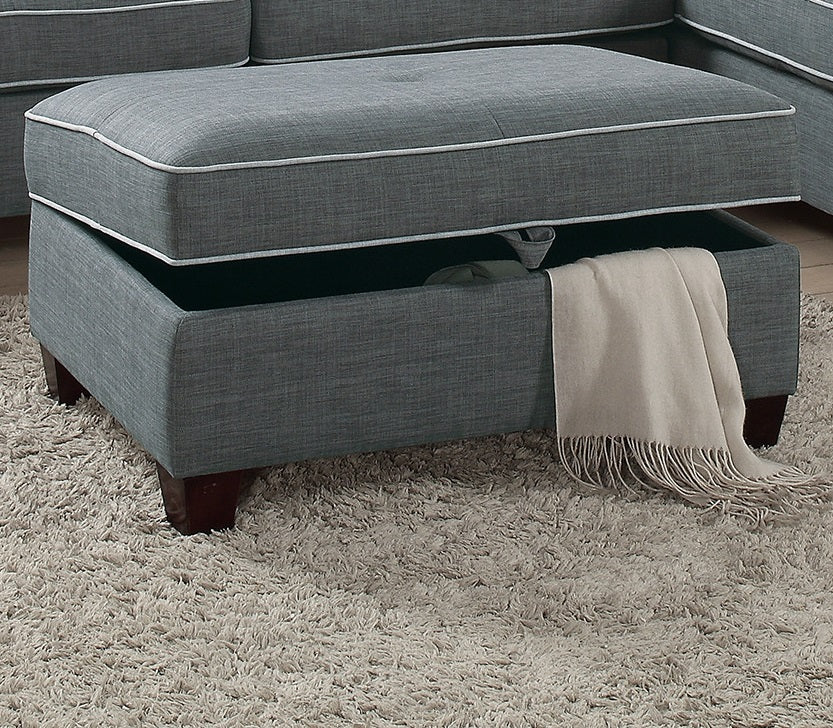 Grey storage ottoman with lifttop lid and white piping detail