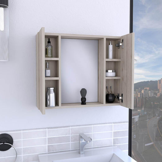 Light wood bathroom medicine cabinet with open door and mirrored front