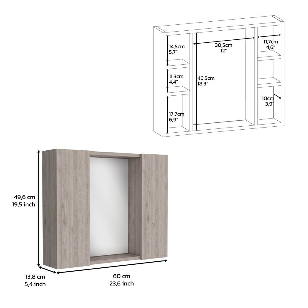 Light oak finish cabinet with a central mirror and shelving