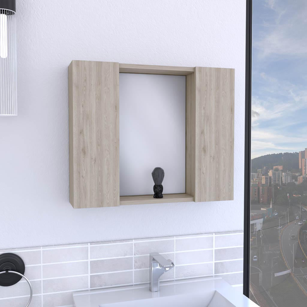 Modern light oak bathroom medicine cabinet with mirrored doors and integrated shelving for storage