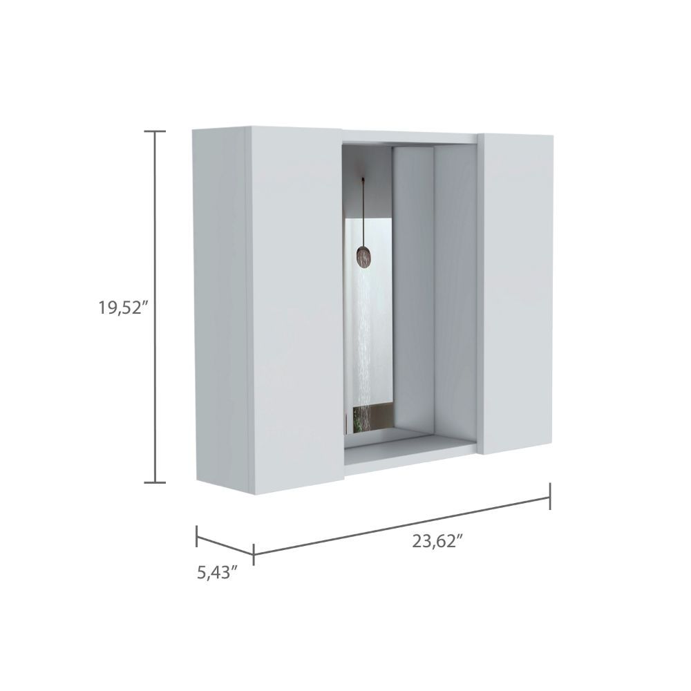 White wallmounted cabinet with open shelving and a small decorative hanging ornament