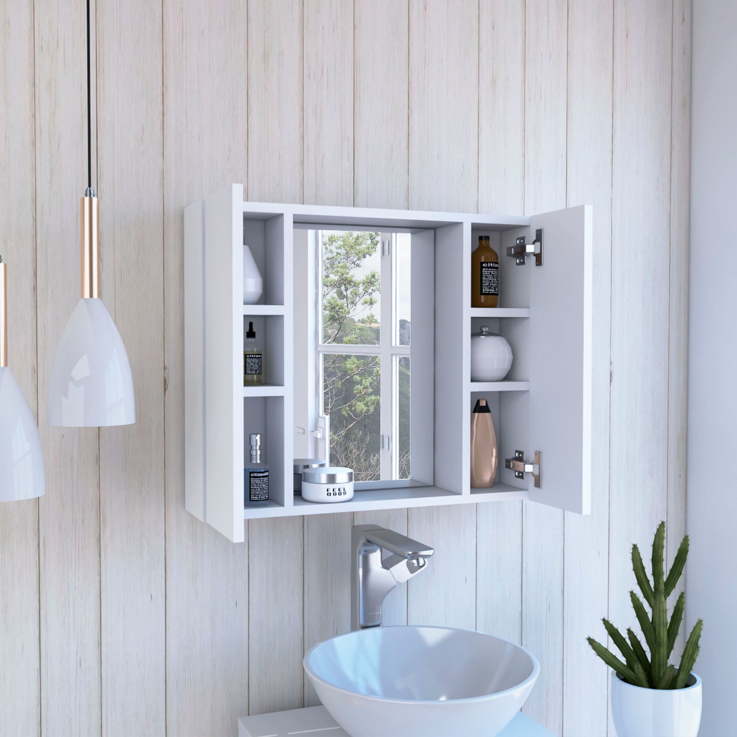 White modern medicine cabinet with open door mirrored front and open shelves holding toiletries