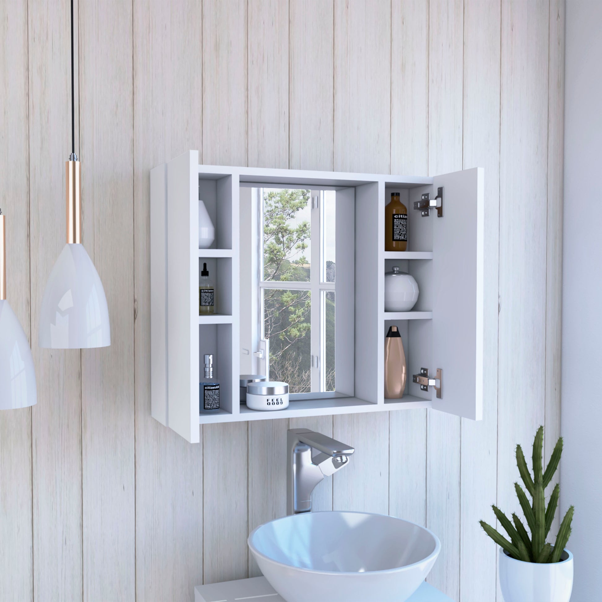 White modern medicine cabinet with open door mirrored front and open shelves holding toiletries