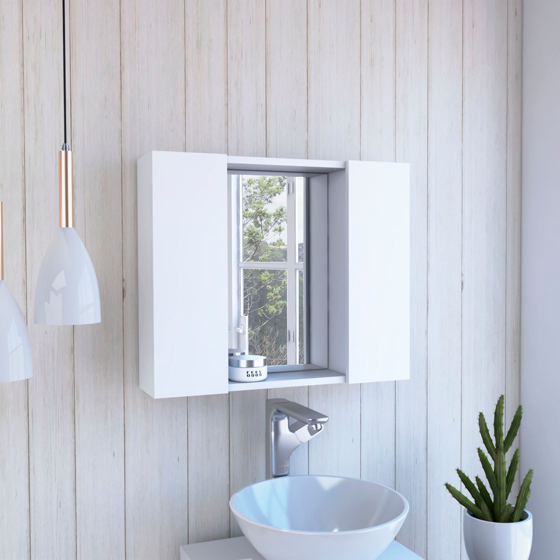 Modern white floating bathroom cabinet with mirrored door and interior shelf