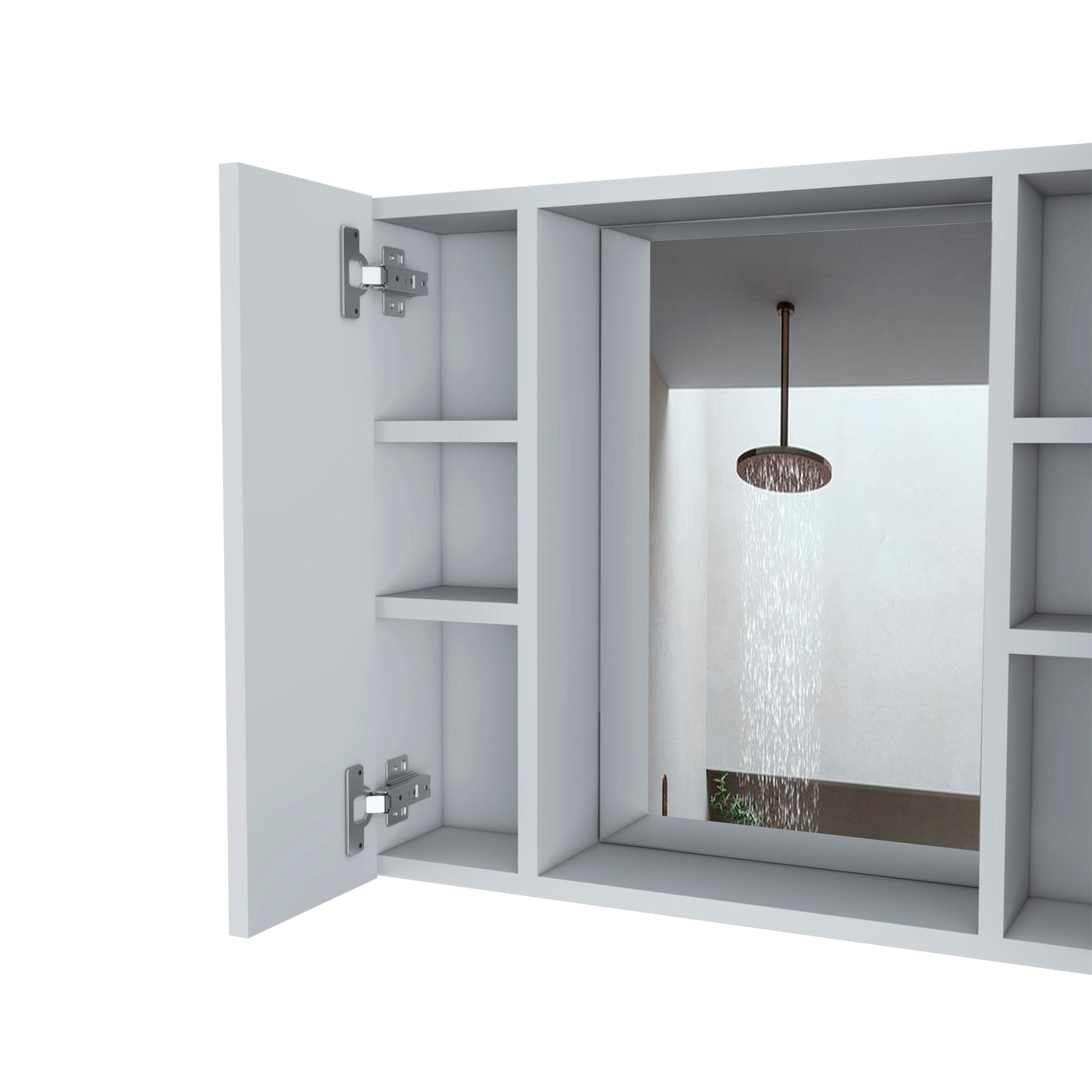White bathroom cabinet with open door showing interior shelves and a modern shower head