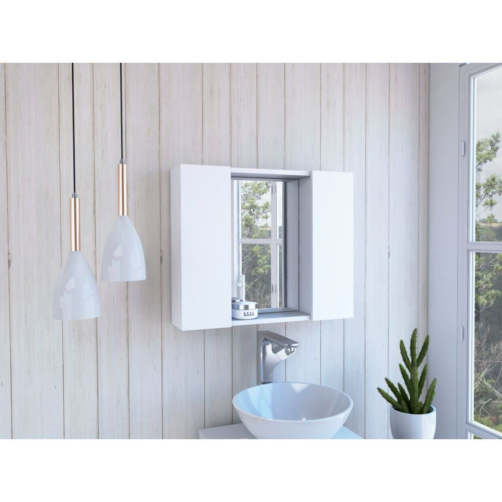 White modern bathroom vanity cabinet with mirrored interior and shelf