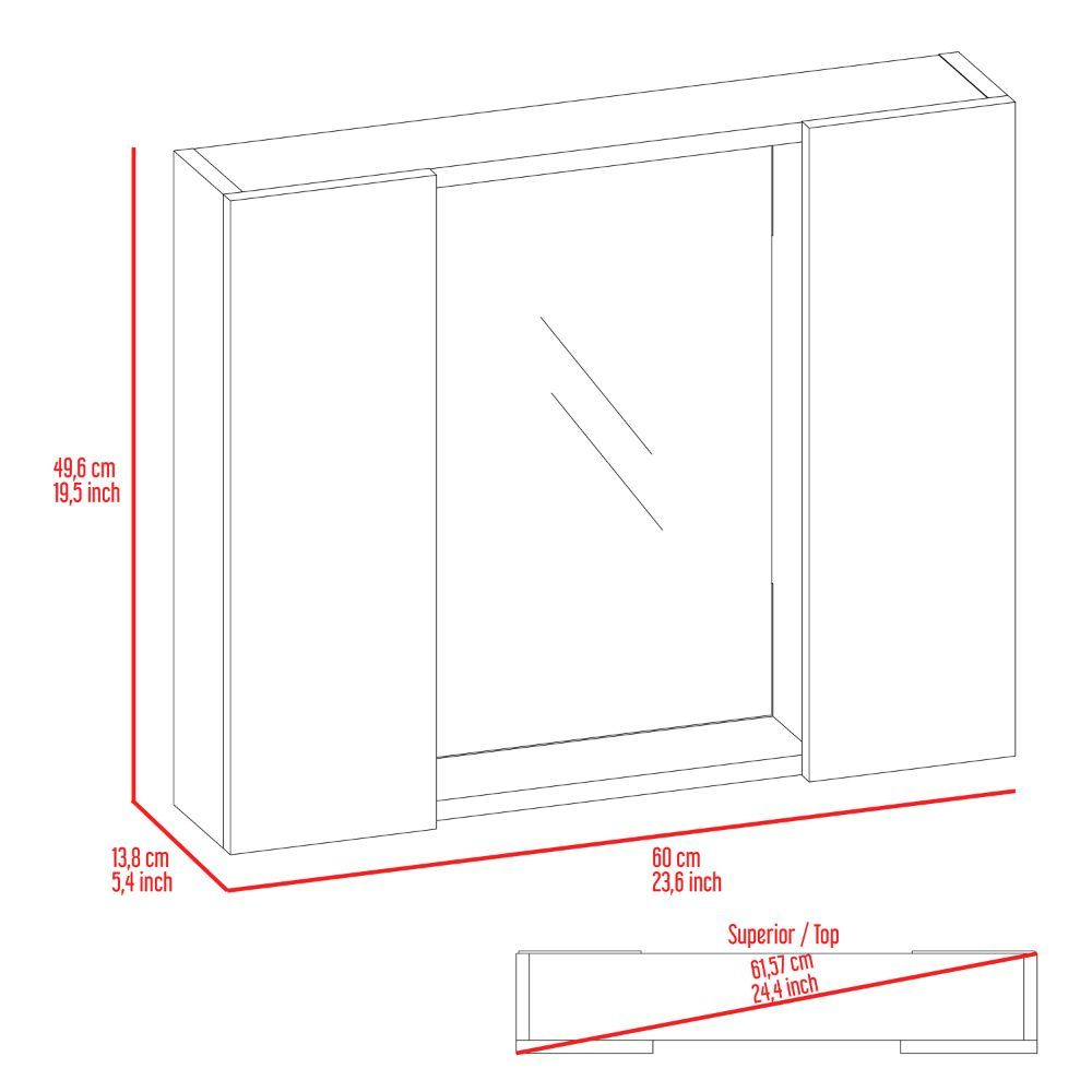 White wall cabinet with mirrored doors and detailed dimensions for a modern bathroom
