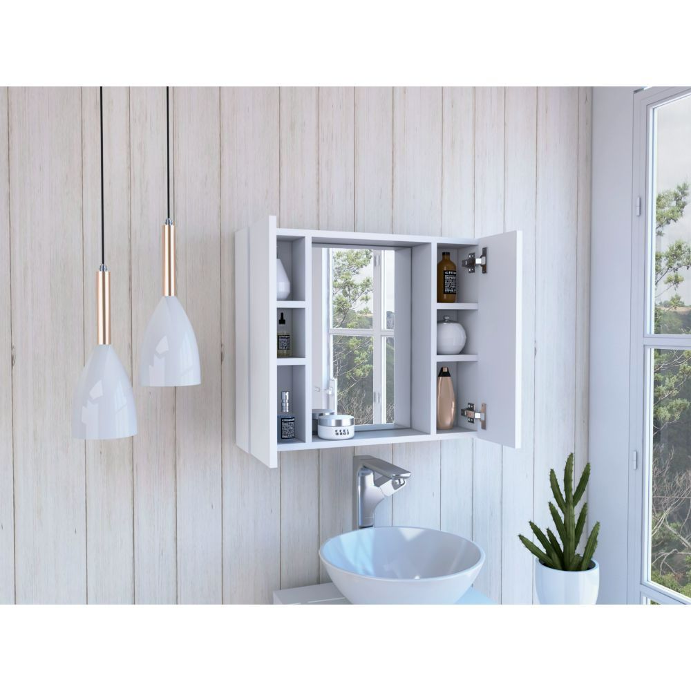 Modern white bathroom medicine cabinet with mirrored doors and open shelving