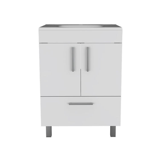 White modern bathroom vanity with double doors and single drawer