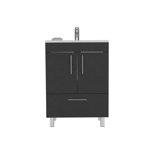 Dark gray wood veneer bathroom vanity with chrome faucet and drawer