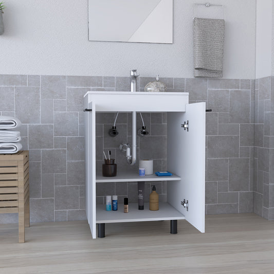 White twodoor bathroom vanity cabinet with open shelves and plumbing fixtures