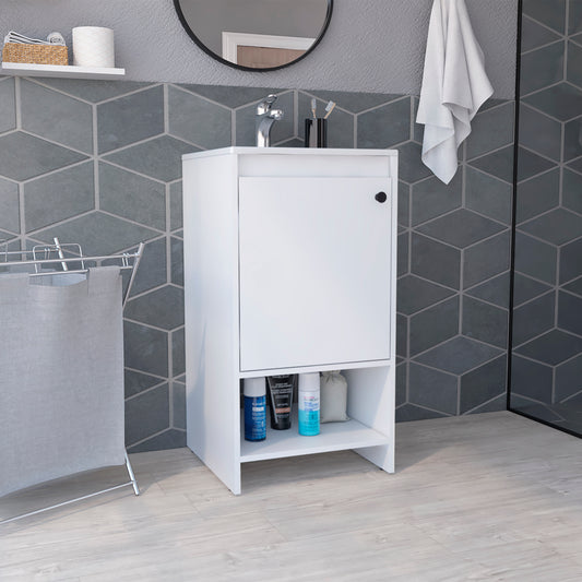 White minimalist bathroom vanity cabinet with open shelf storing toiletries