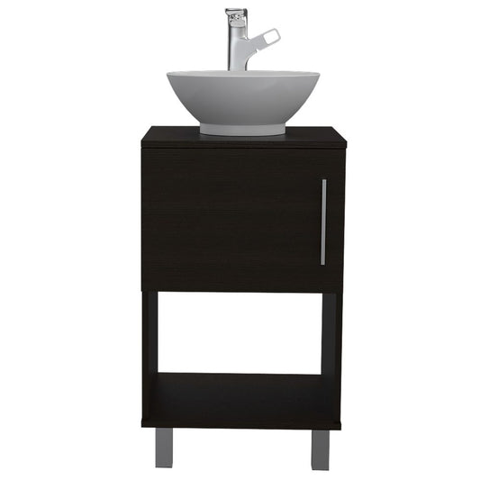 Modern dark wood vanity with a white vessel sink and chrome faucet