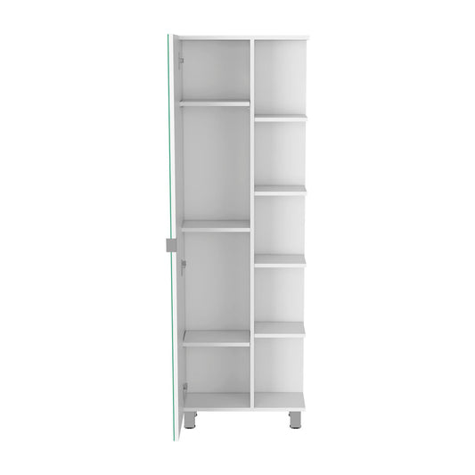 White tall storage cabinet with multiple adjustable shelves and a glass door