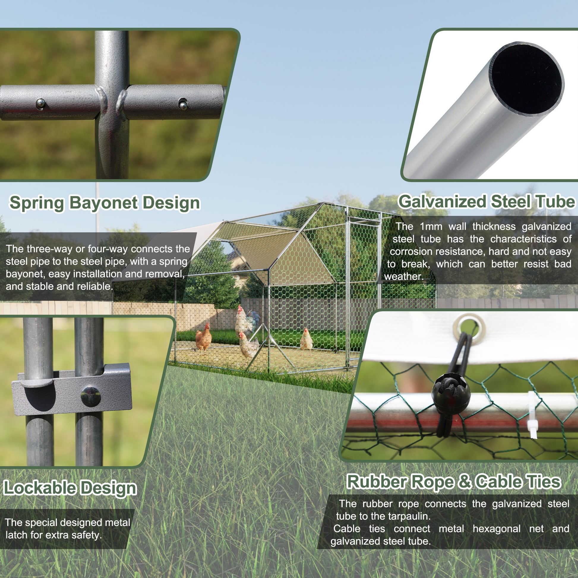 Galvanized steel tube construction for durable chicken coop frame