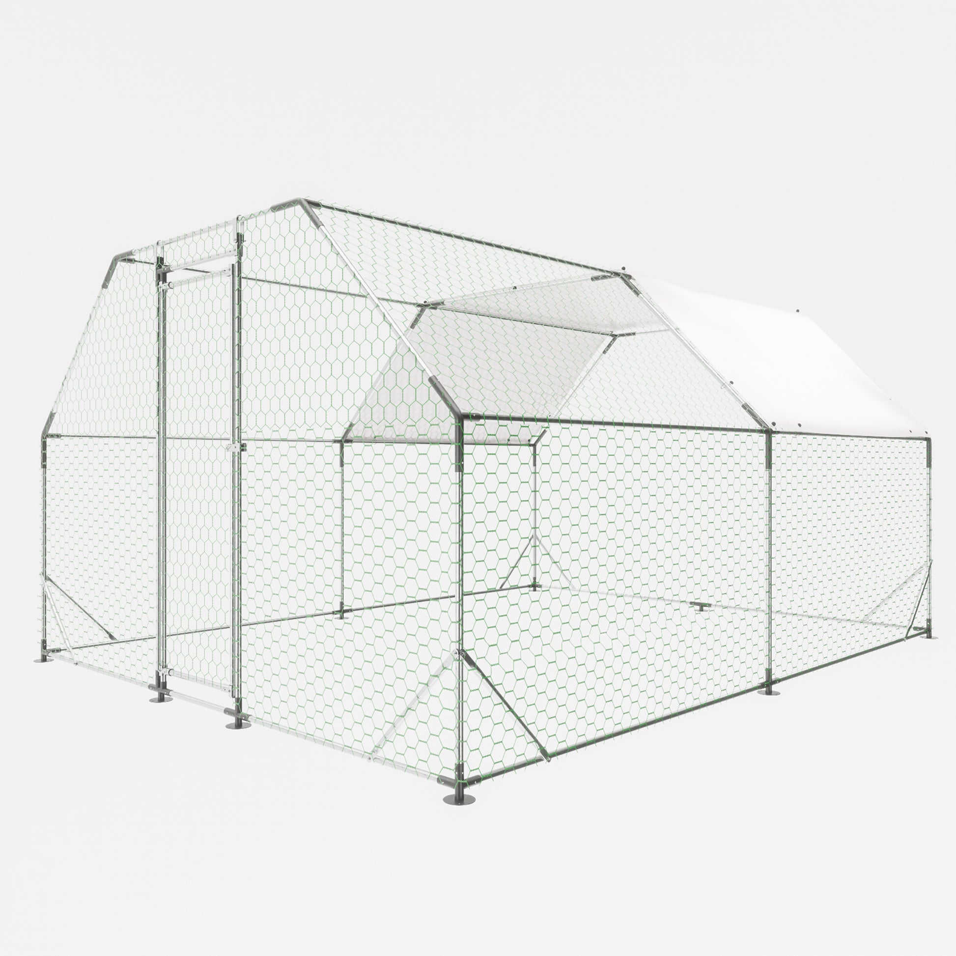 Spacious hexagonal mesh chicken coop with durable metal frame and white roof cover