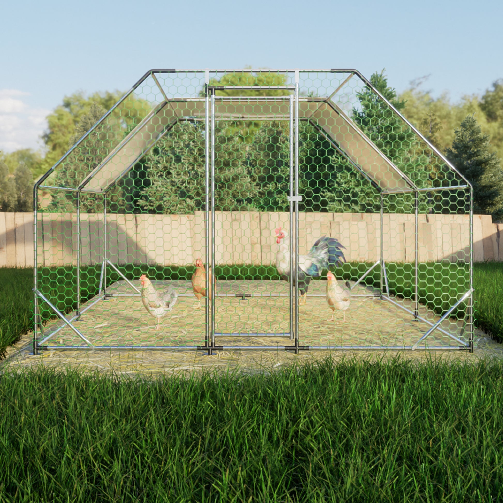 Large silver metal chicken coop with green hexagonal mesh fencing and four chickens