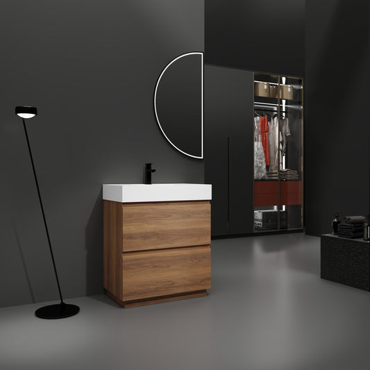 Modern walnut bathroom vanity with white quartz countertop and sleek black faucet
