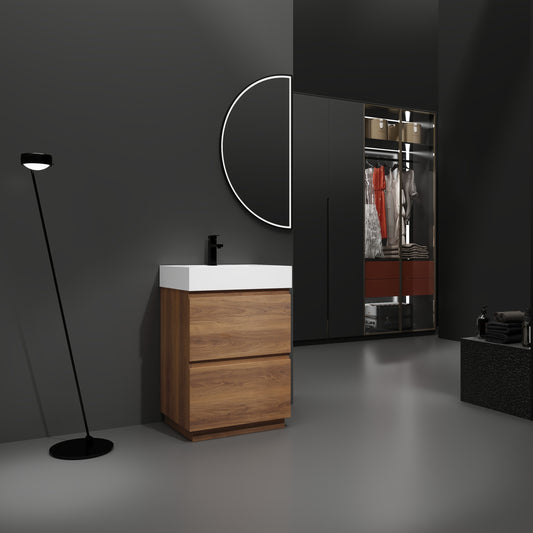 Modern walnut vanity with white quartz top and sleek black faucet