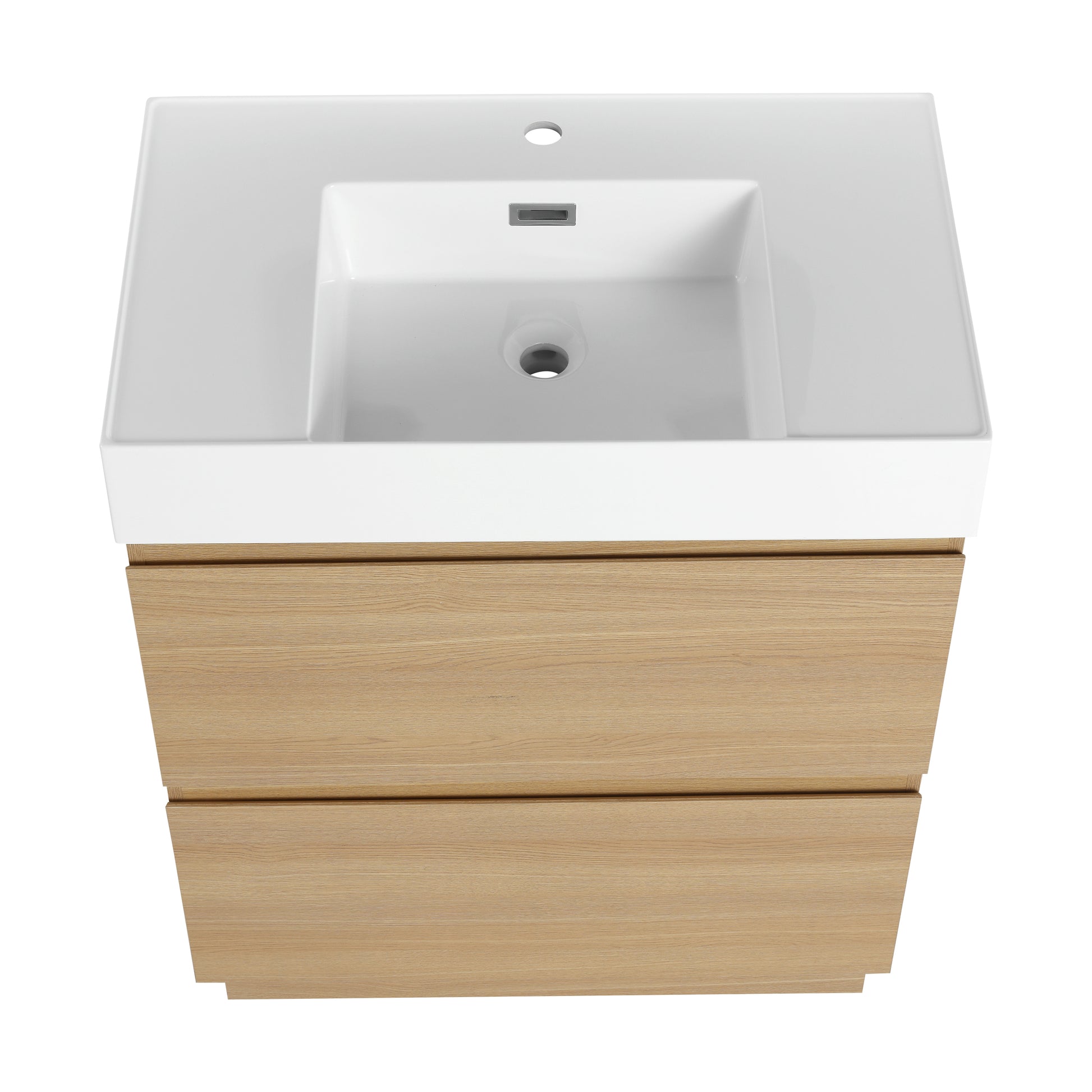 Modern white ceramic basin vanity with light oak drawers