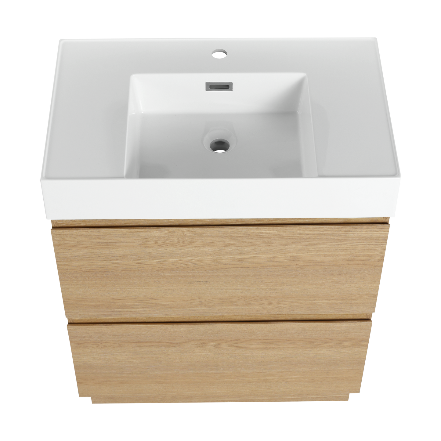 Modern wallmounted vanity with white ceramic sink and light oak drawer fronts