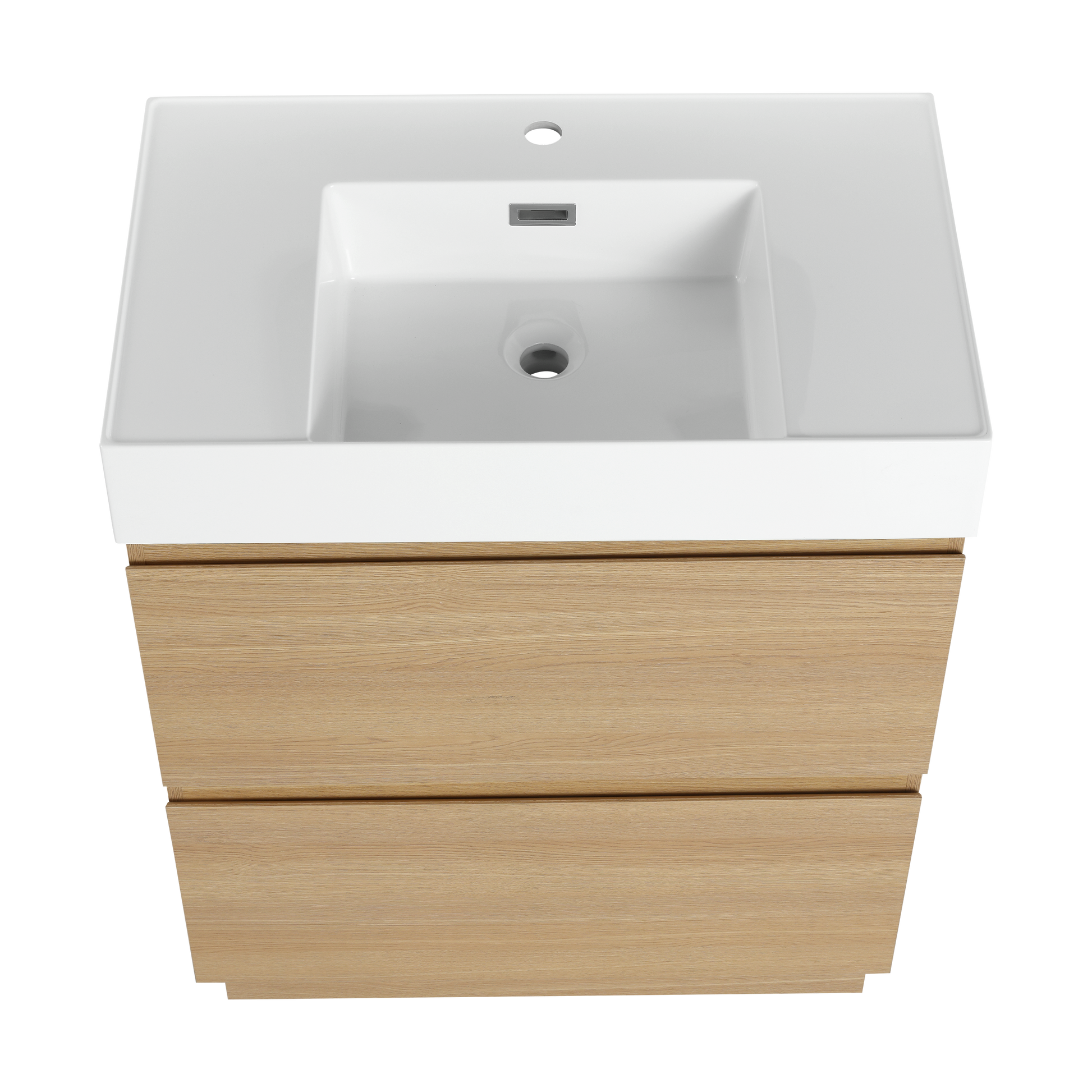 Modern wallmounted vanity with white ceramic sink and light oak drawer fronts