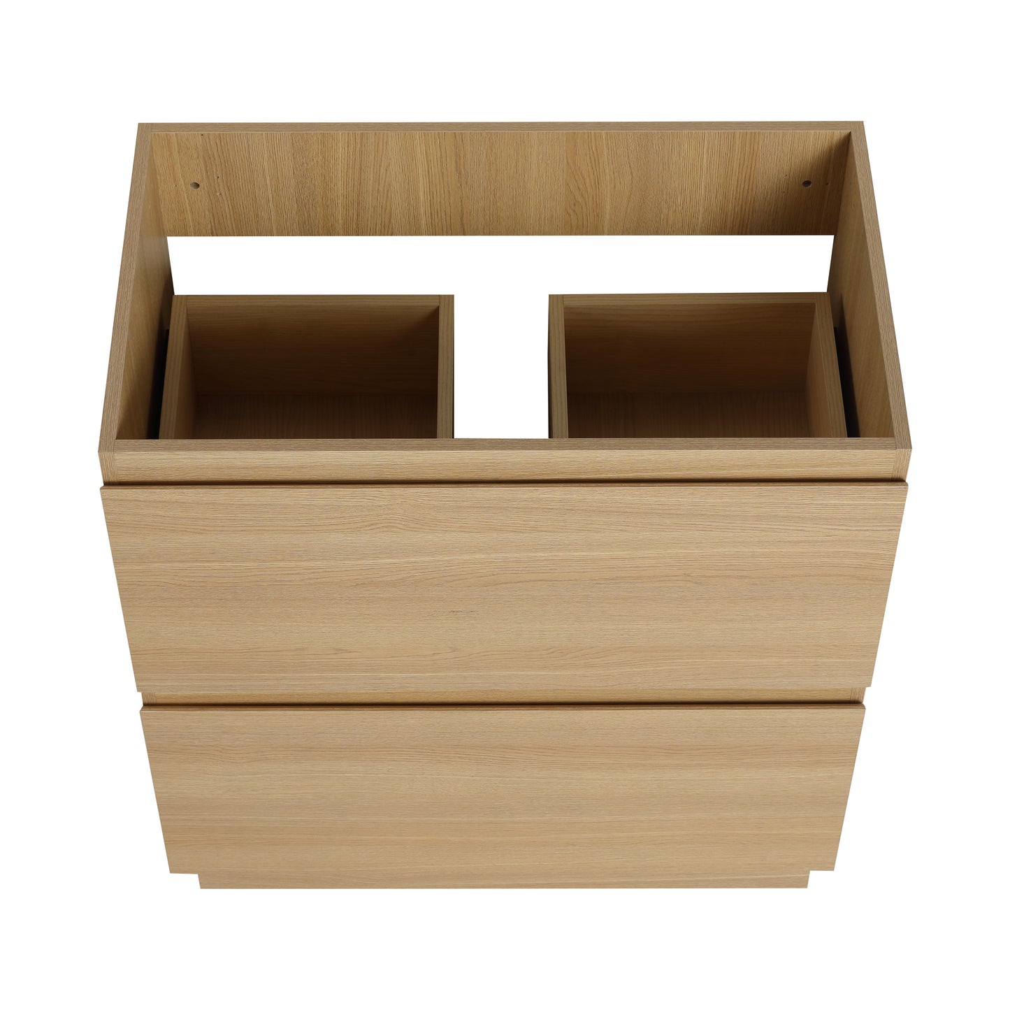 Oak bathroom vanity cabinet with two drawers and open top shelf storage