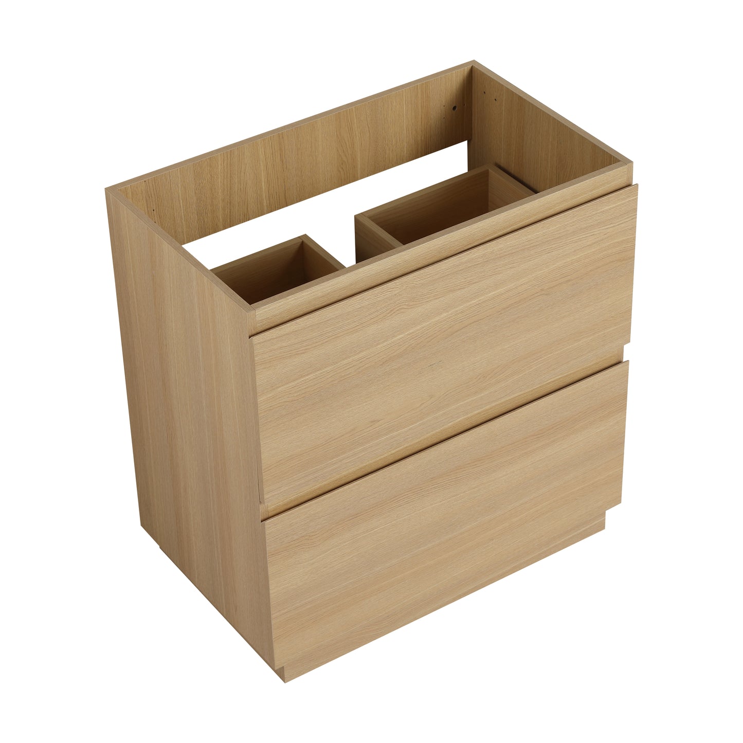 Modern oak veneer vanity cabinet with two drawers and internal compartments
