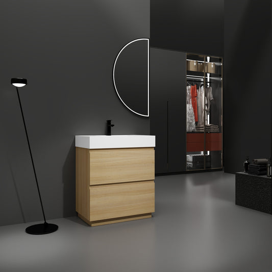 Modern oak vanity with white countertop and sleek black faucet