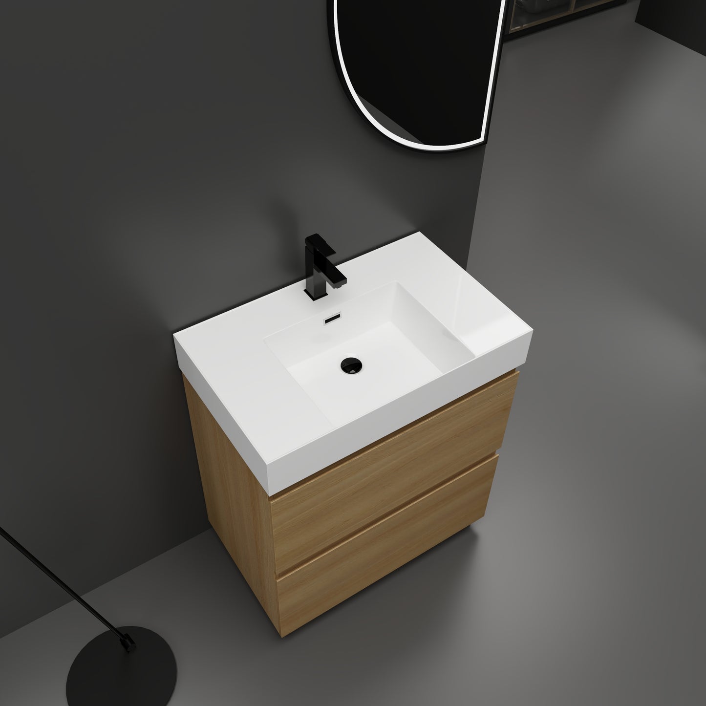 Modern bathroom vanity with white integrated sink and natural wood drawers