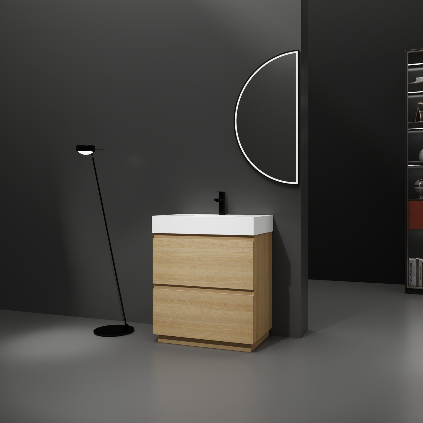 Modern oak bathroom vanity with two drawers and white countertop