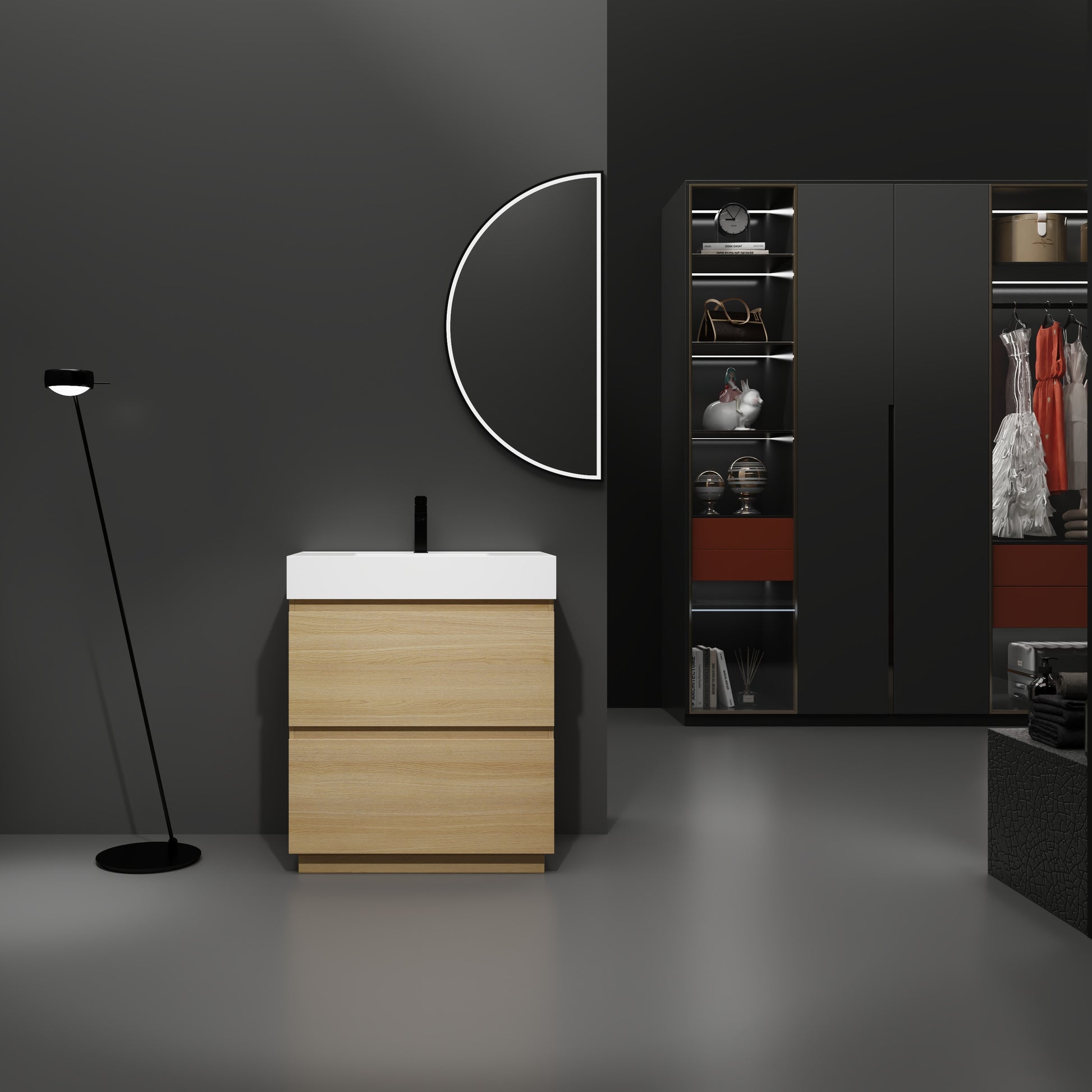 Modern oak vanity with white countertop and black faucet perfect for a minimalist bathroom
