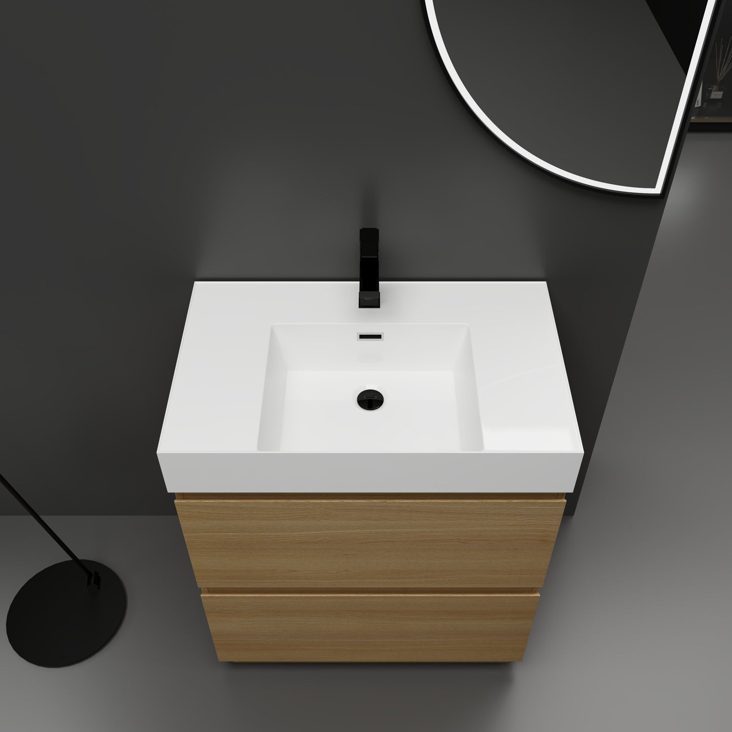 Modern oak vanity with white integrated sink and black faucet