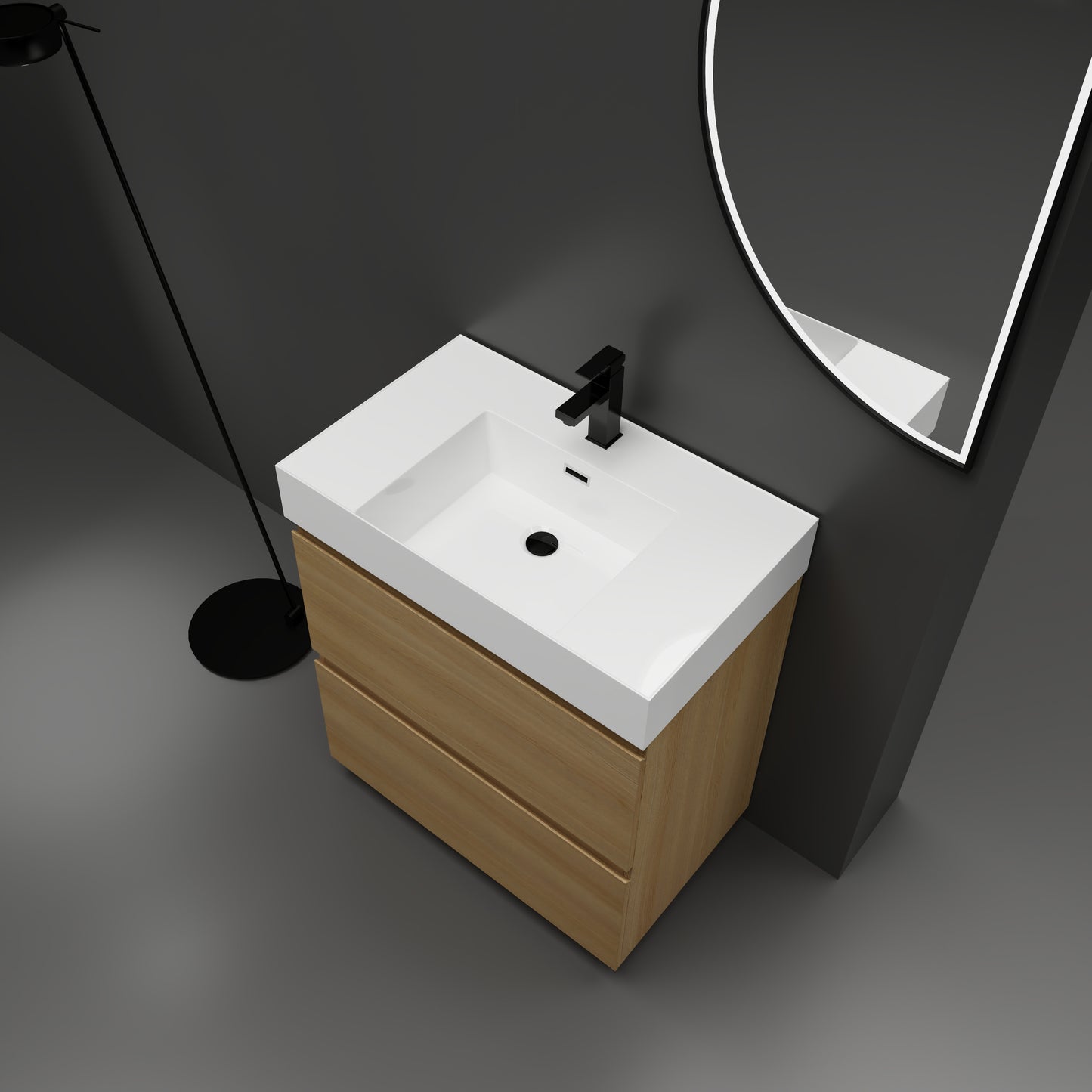 Modern white ceramic sink with black faucet on oak vanity cabinet