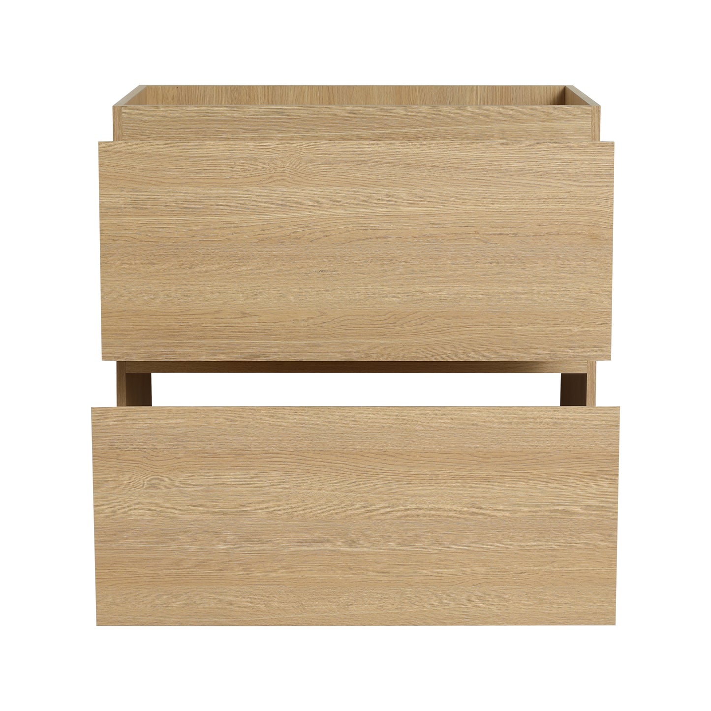 Light oak wood grain dresser cabinet with two open drawers for storage