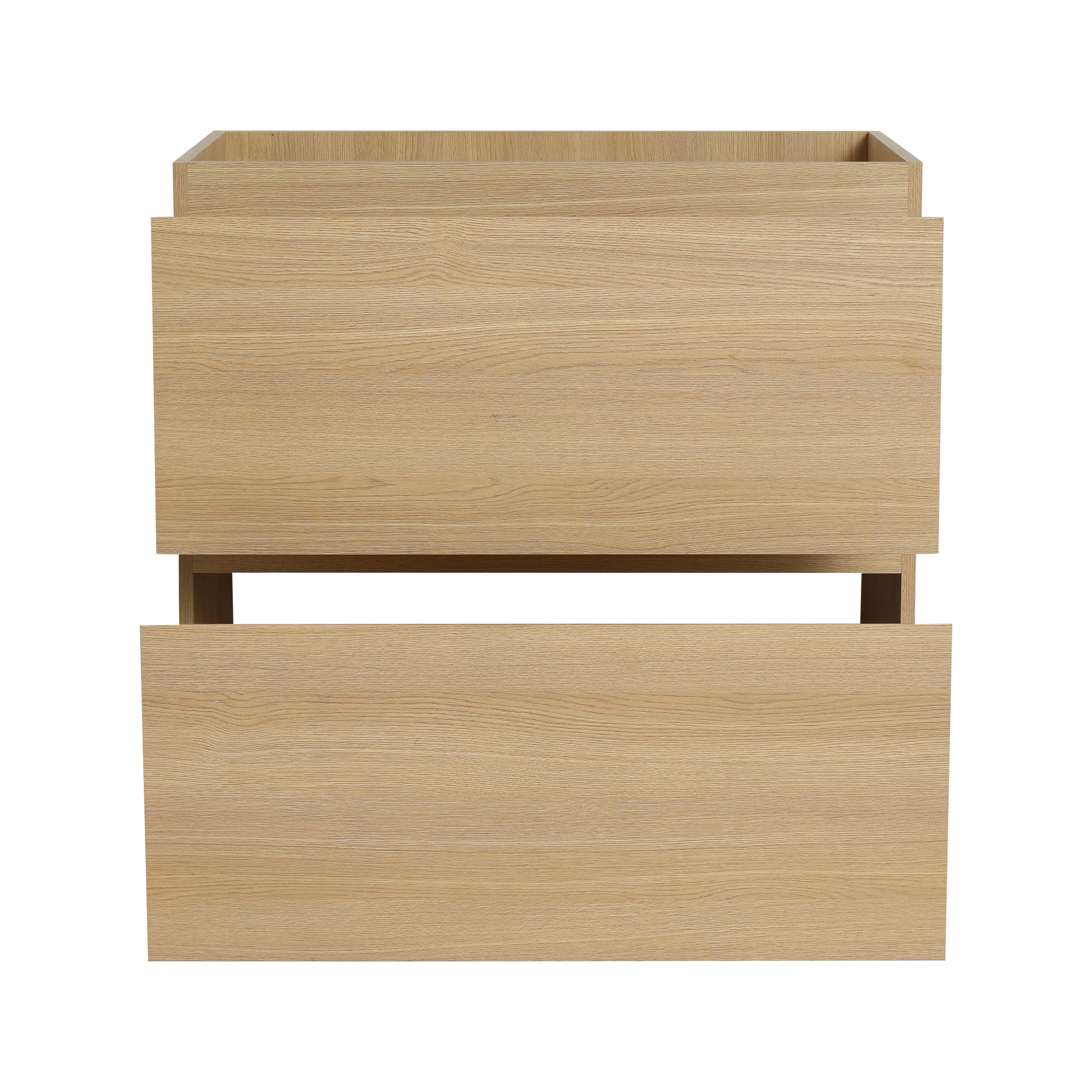 Light oak wood grain dresser cabinet with two open drawers for storage