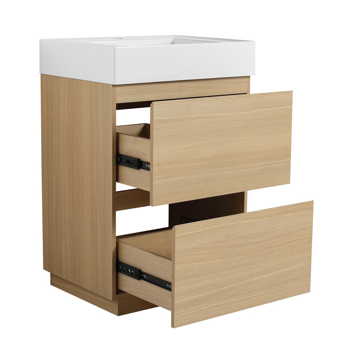 Modern oak vanity with two softclose drawers and integrated white ceramic sink