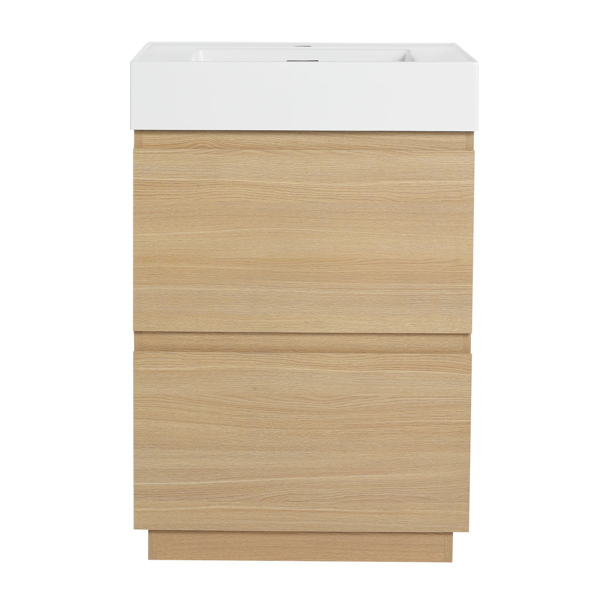 Modern white ceramic top vanity cabinet with natural wood grain drawers