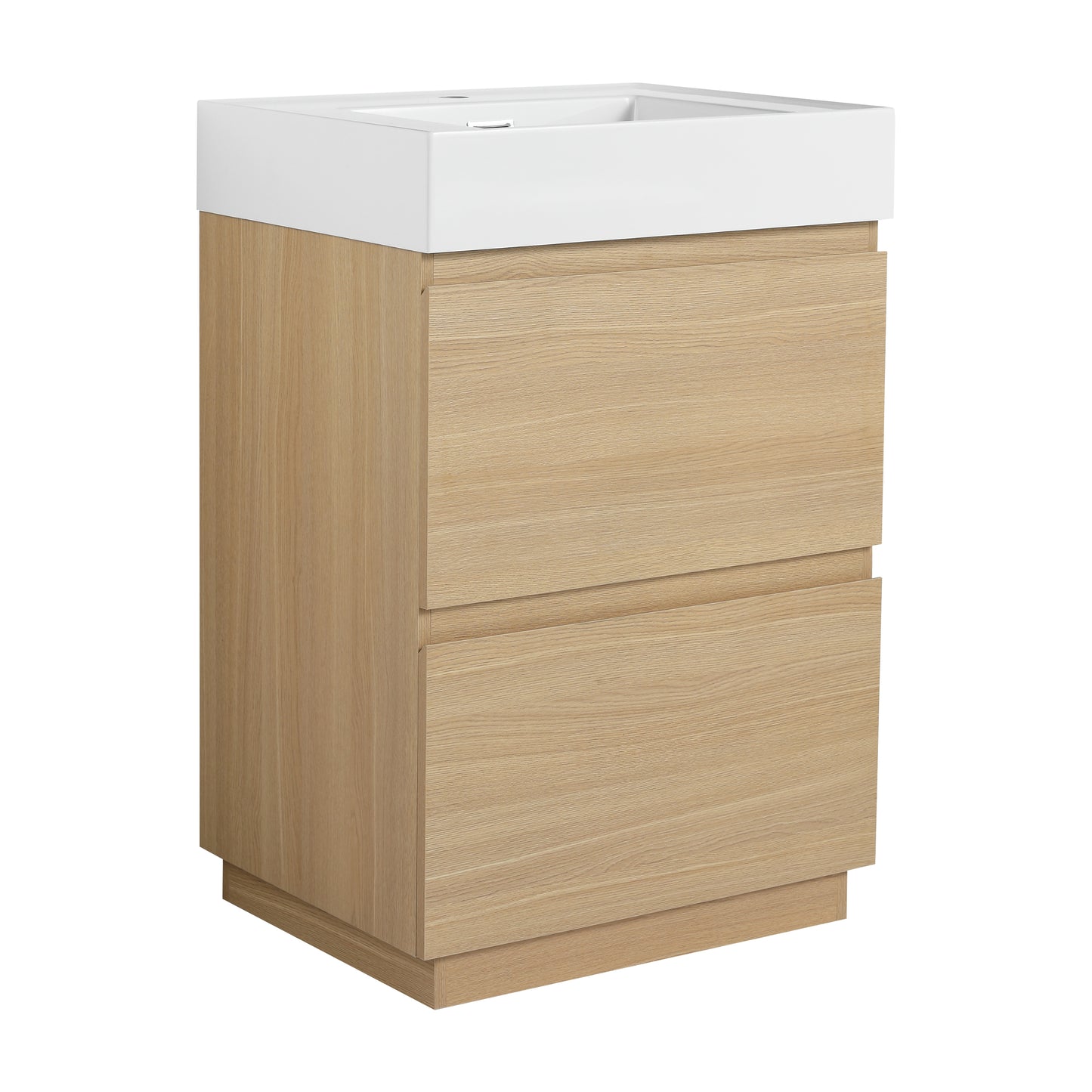 Modern oak vanity with two drawers and white integrated sink for bathroom