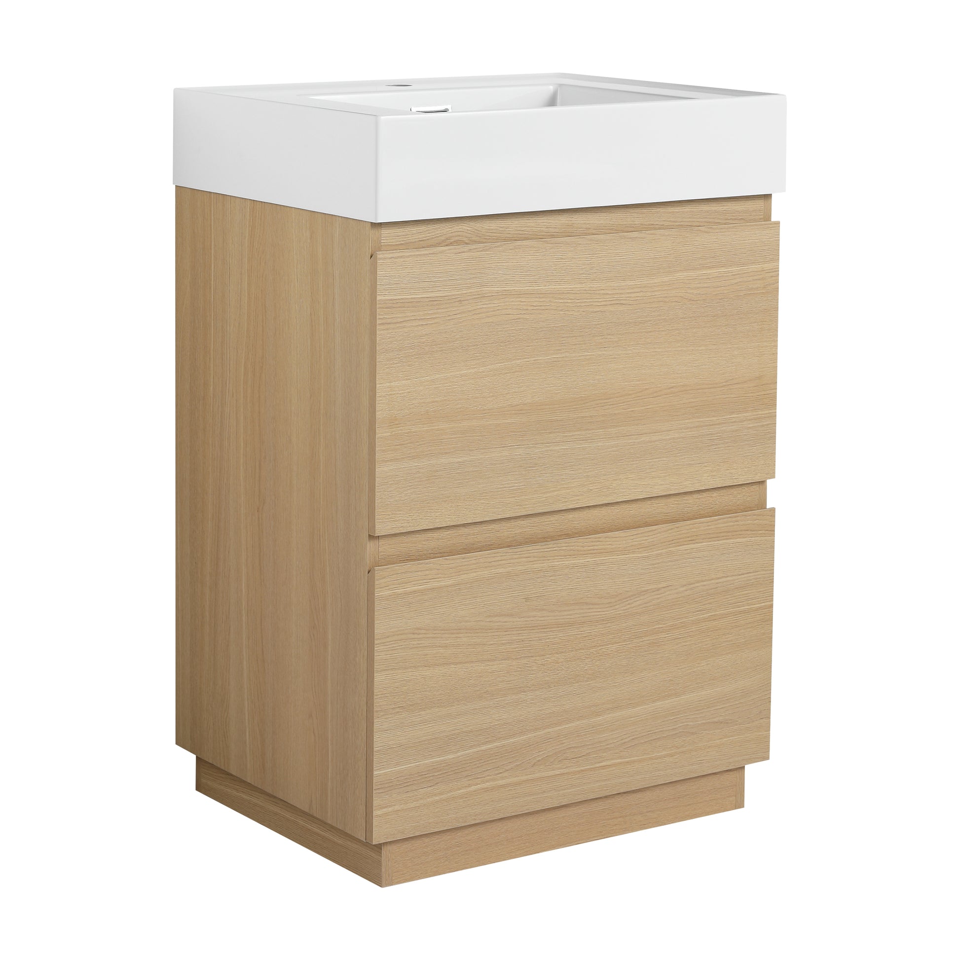 Modern oak vanity with two drawers and white integrated sink for bathroom