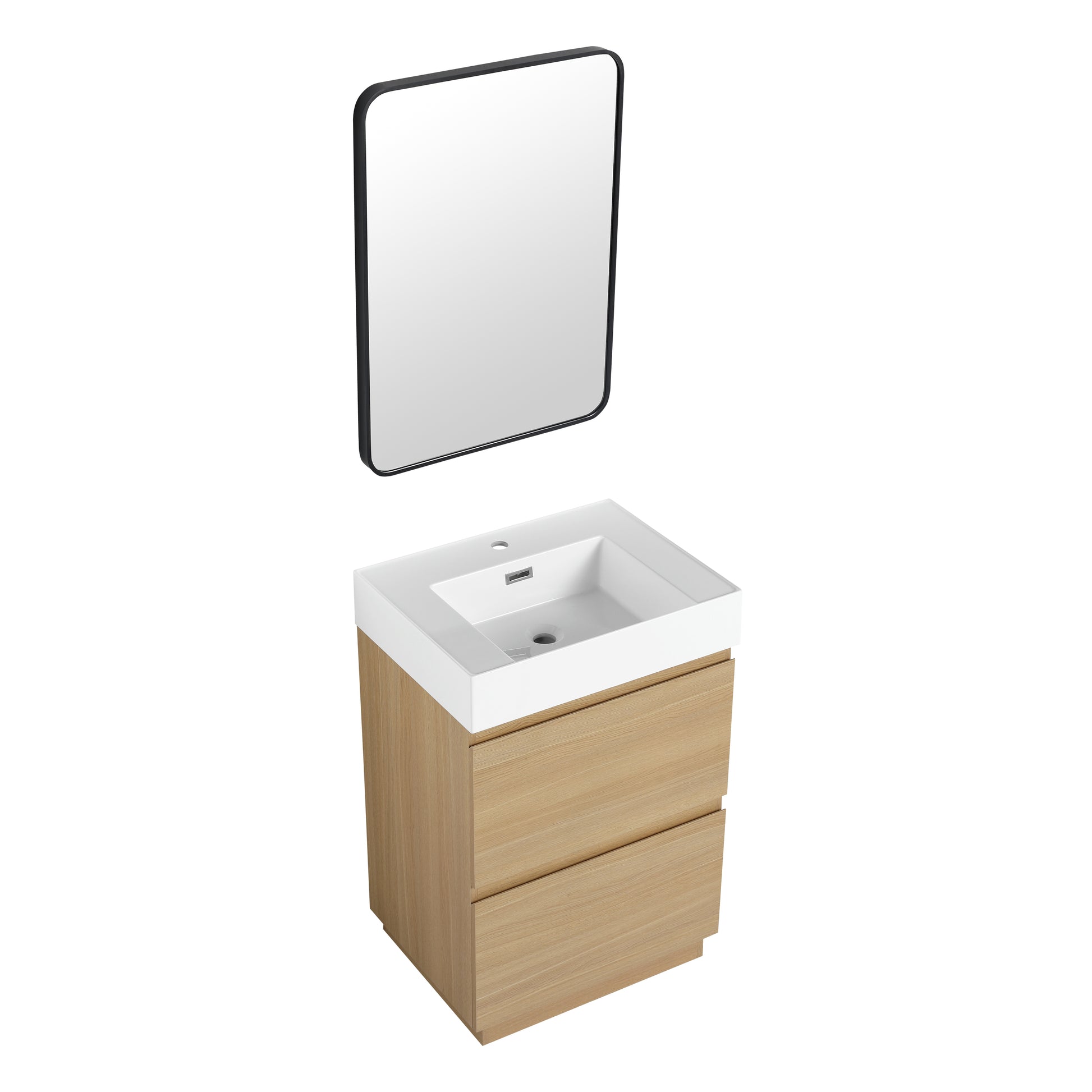 Modern oak bathroom vanity with white ceramic sink and rectangular black framed mirror for sale