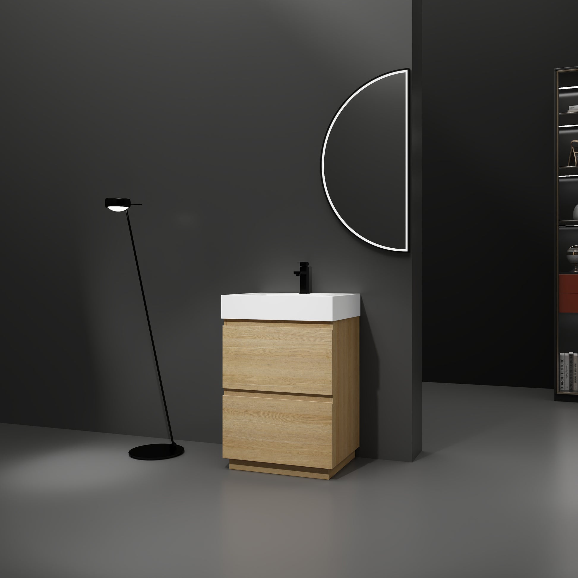 Modern oak bathroom vanity with white ceramic sink and black faucet sleek design for contemporary homes