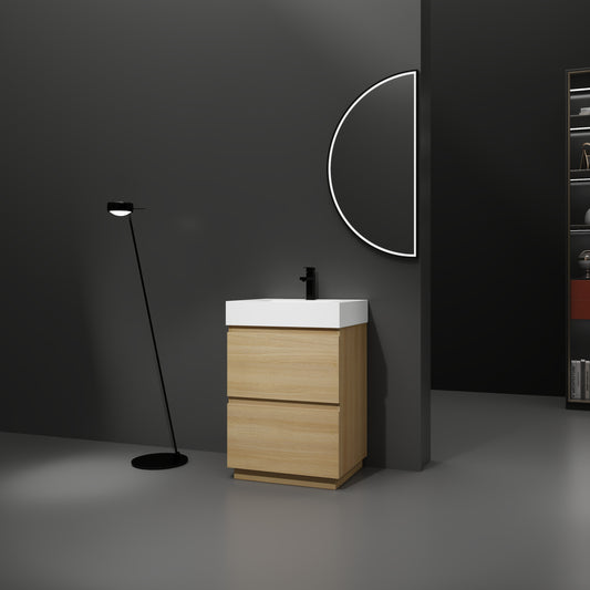 Modern oak bathroom vanity with white ceramic sink and black faucet sleek design for contemporary homes