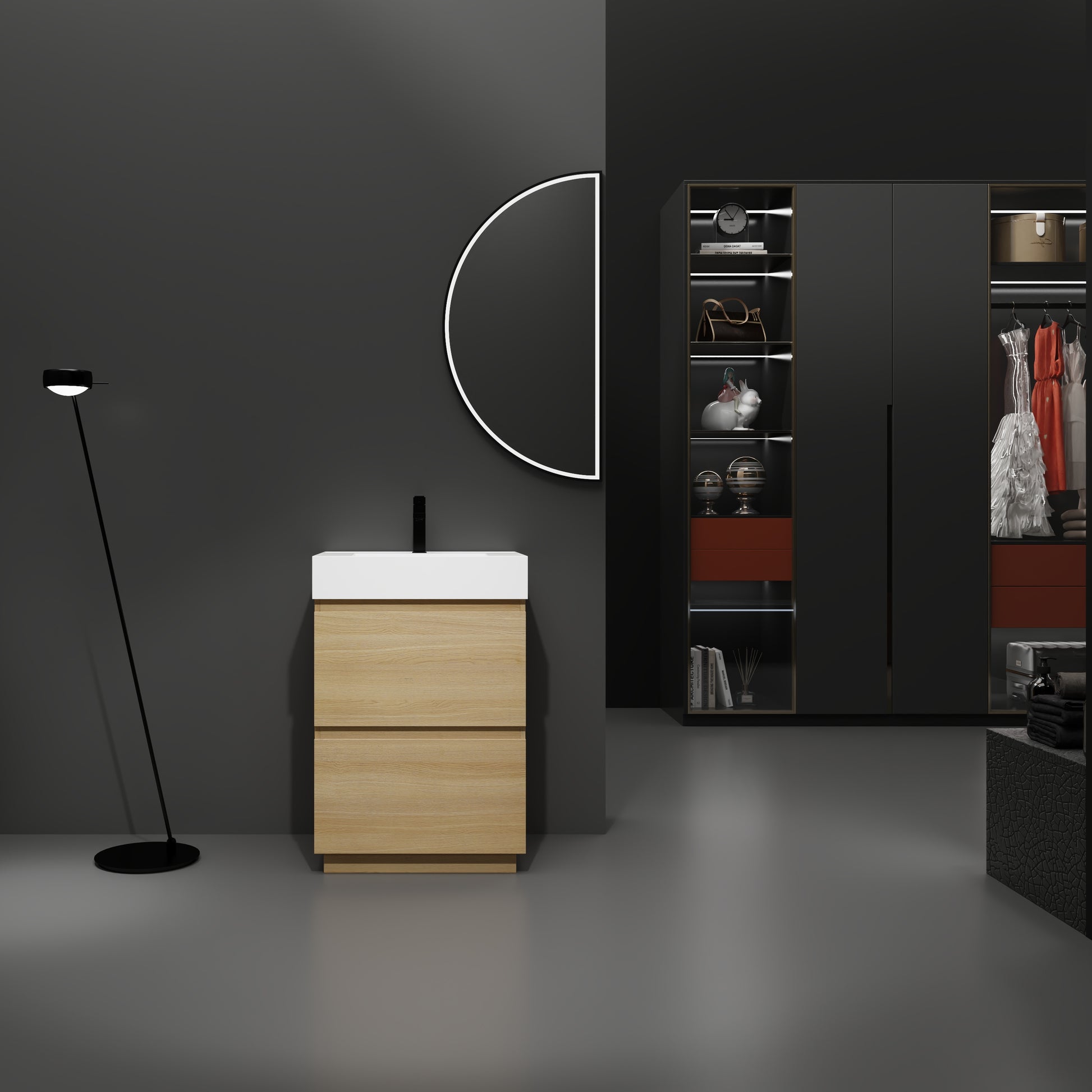 Modern oak bathroom vanity with white countertop and black faucet  drawers