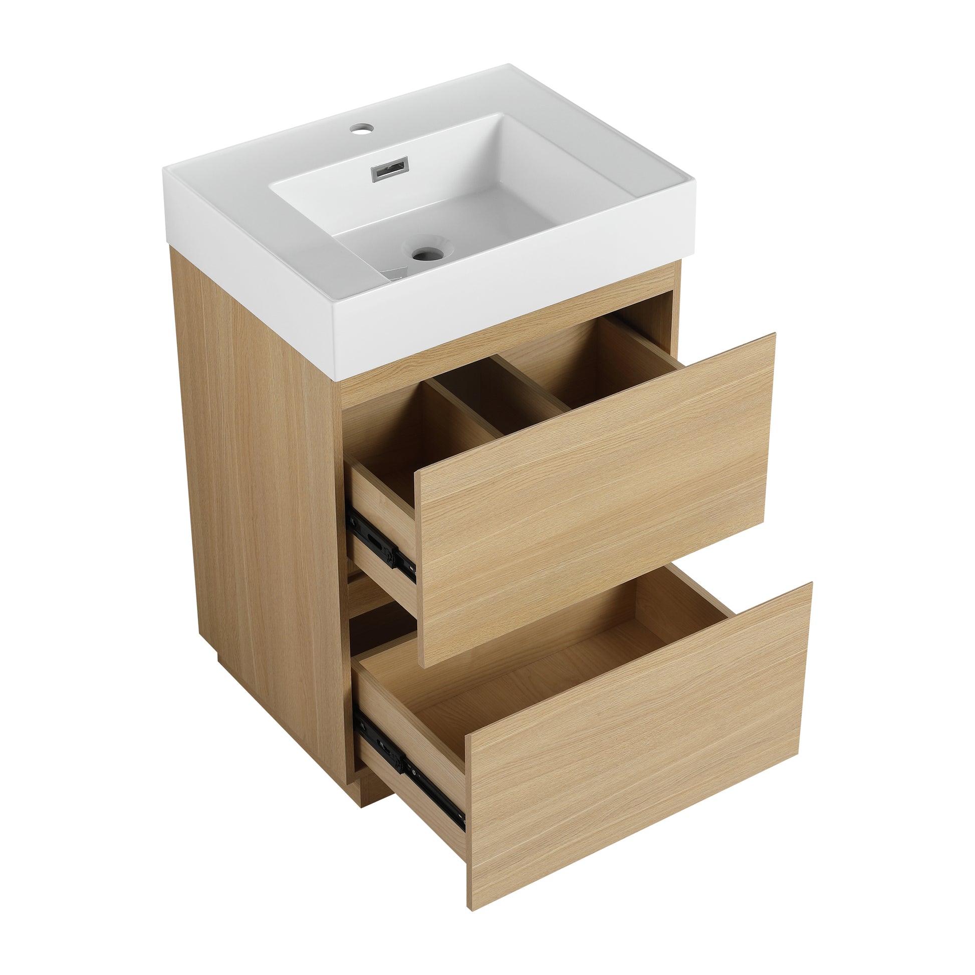 Modern oak veneer vanity with white ceramic sink and two drawers