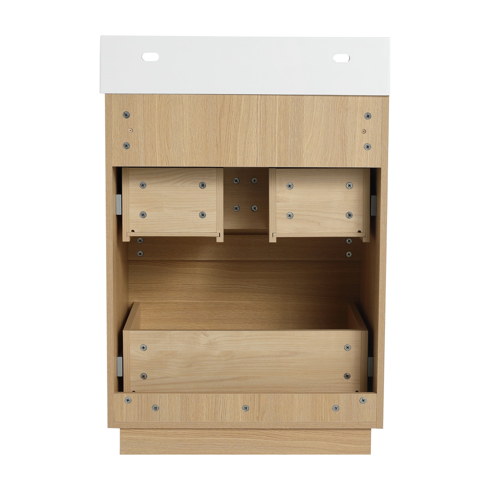 Light oak bathroom vanity cabinet with white top and three open drawers