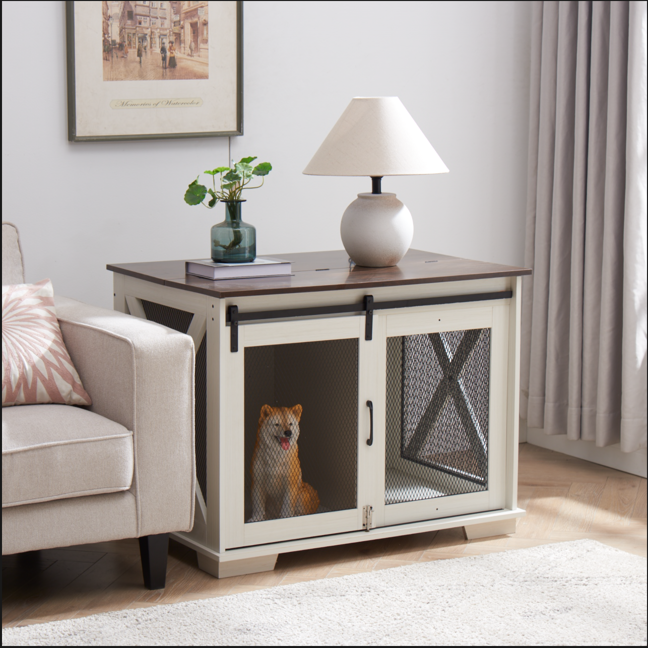 White farmhouse dog crate with sliding doors housing a Shiba Inu Rustic furniture