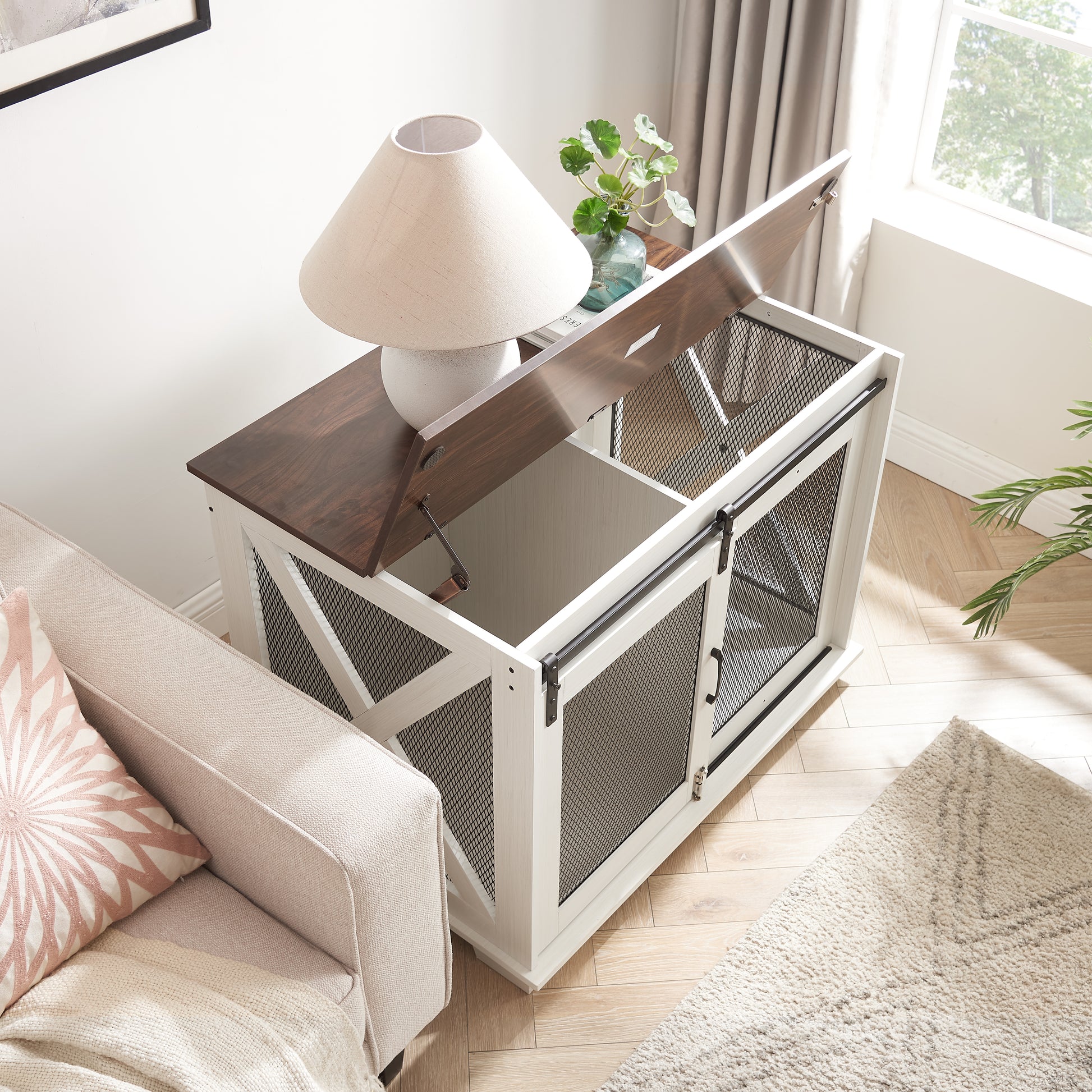 White wooden dog crate with dark wood top and mesh doors functional furniture piece