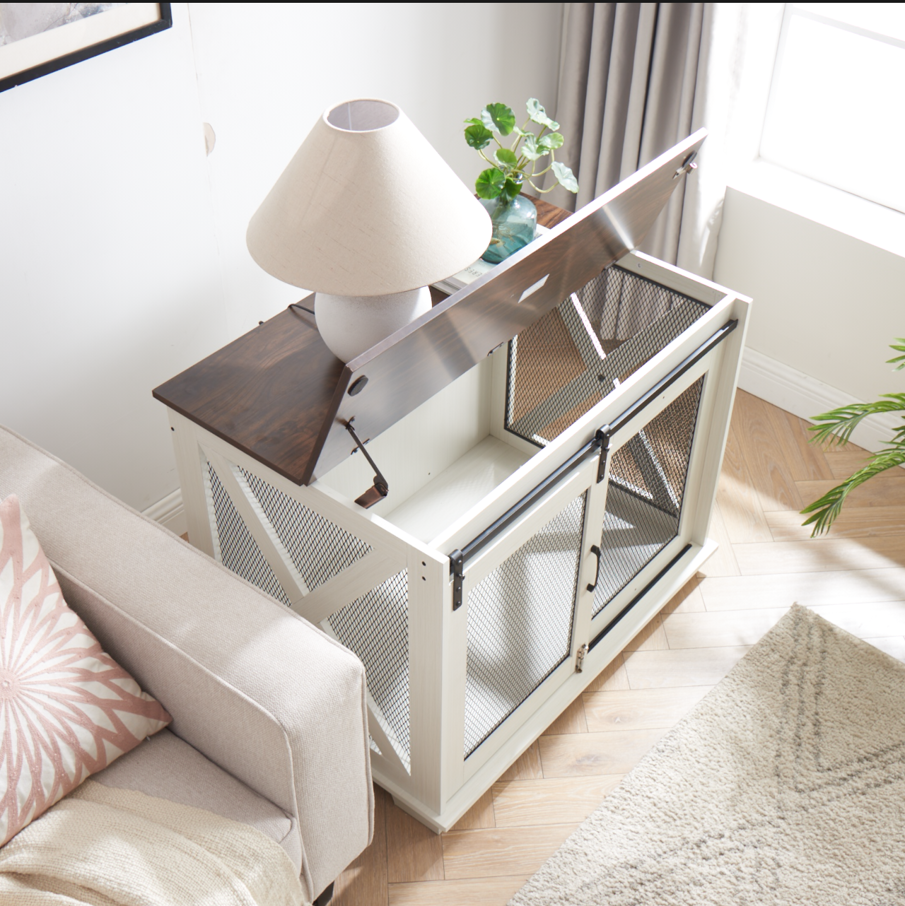 White wooden dog crate end table with dark wood top and mesh doors